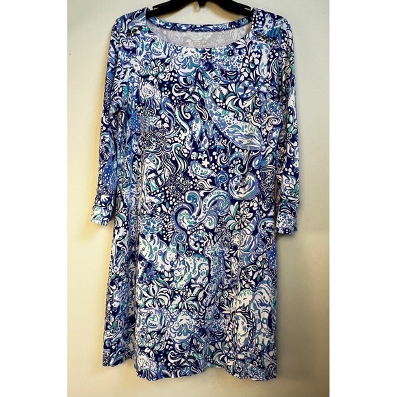 Lilly Pulitzer Sophie Dress 60 animals Women's Blue White Print 3/4 Sleeve Sz L - Picture 3 of 13